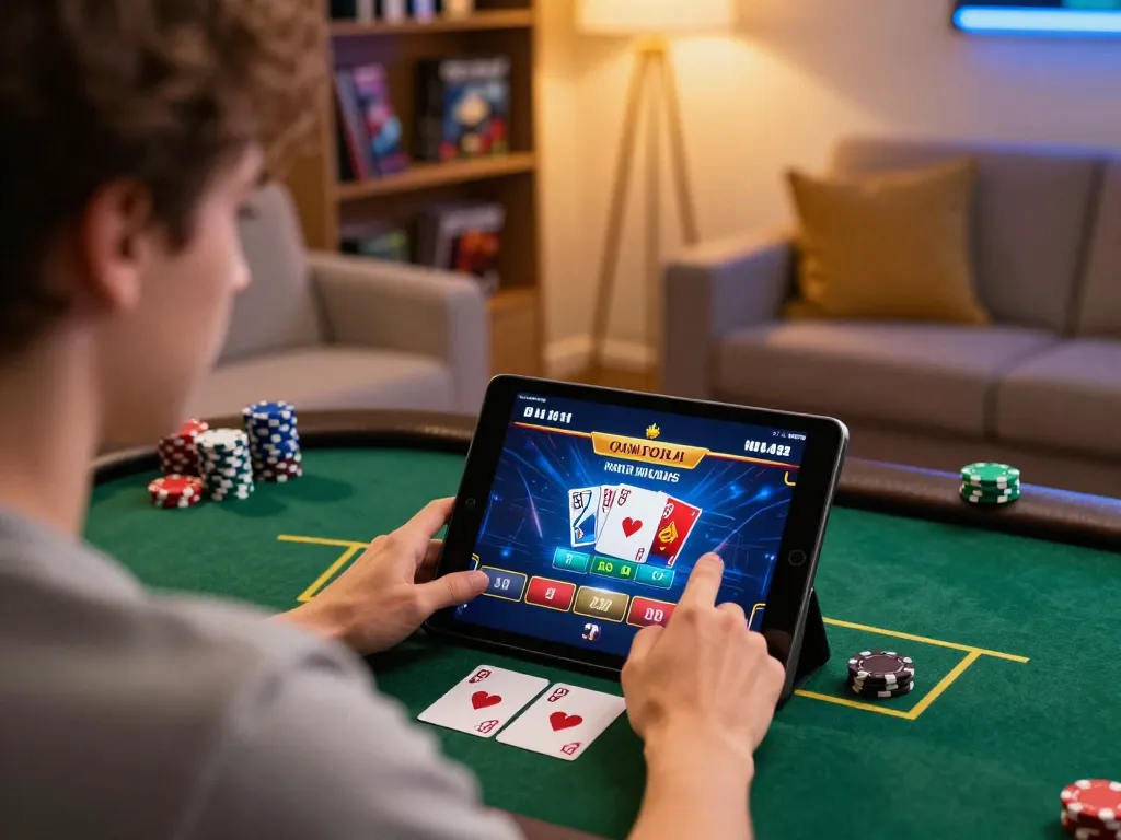 Engaging with 88clbgo in an online poker game at home, showcasing a cozy modern setup.