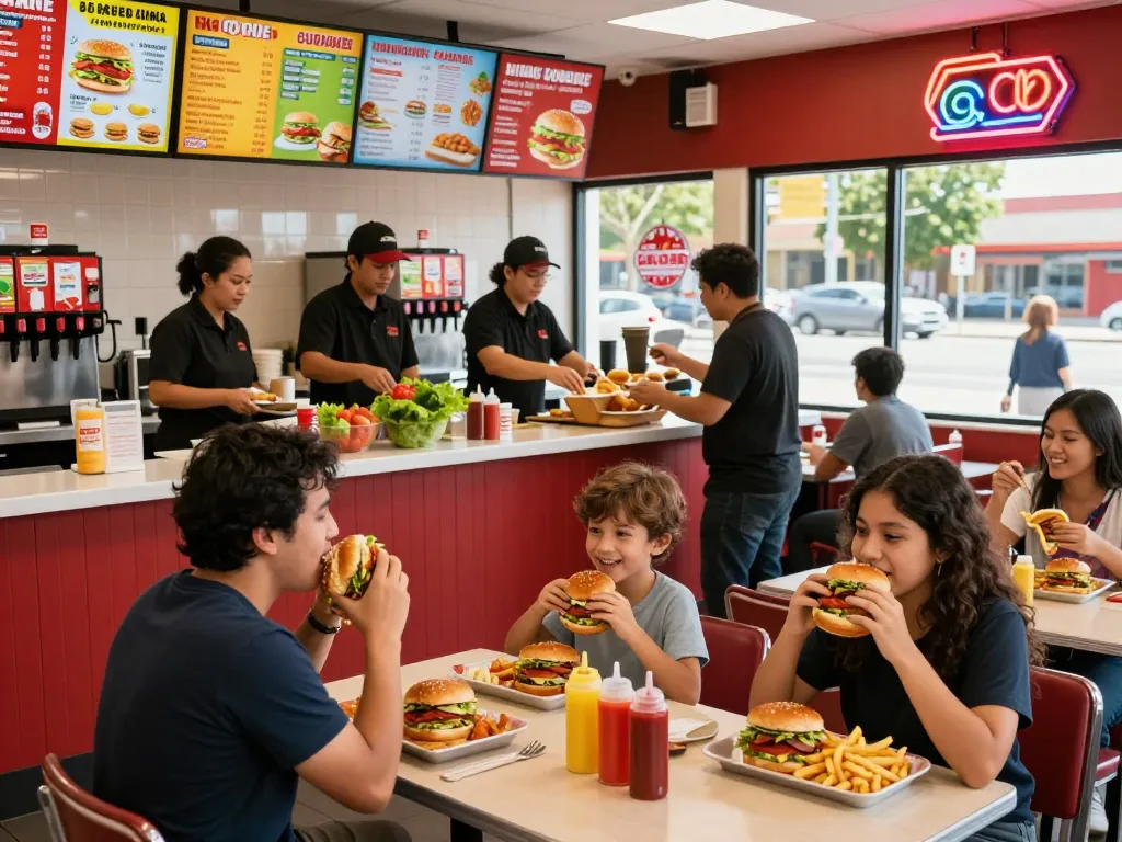 Exciting fast food menu showcased in a busy restaurant setting with happy diners.