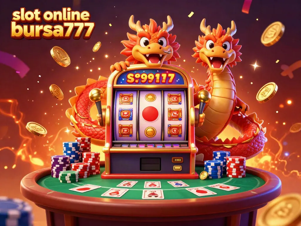 Berpetualang di slot online bursa777 dengan suasana kasino yang meriah dan berbagai simbol kemenangan.
