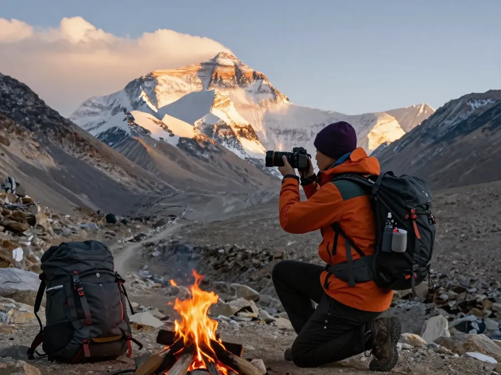 Everest Base Camp trekker capturing sunrise views with iconic peaks in background