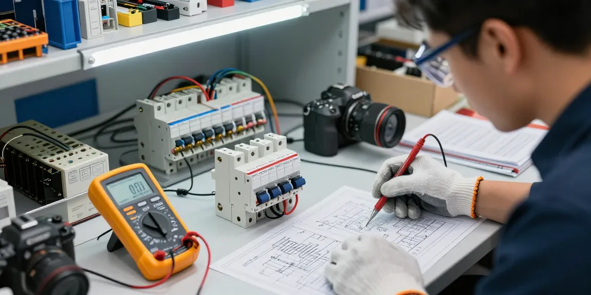 Engineer examining a DC circuit breaker at a well-equipped workshop, highlighting safety and precision.