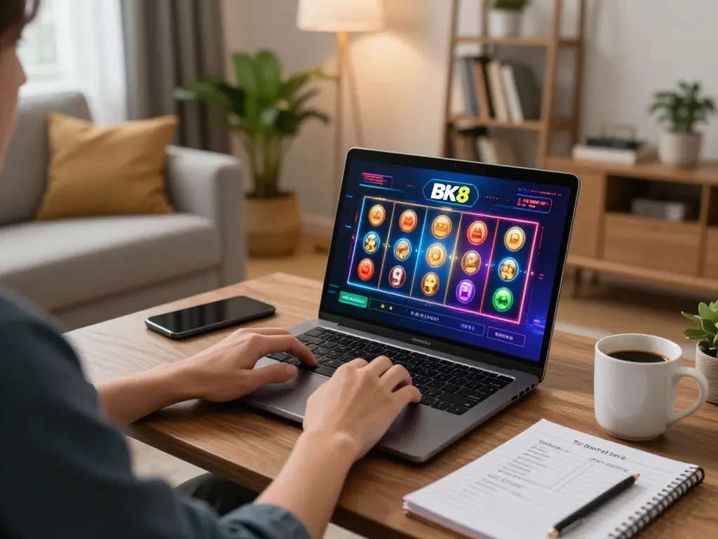 Person enjoying BK8 online slots in a cozy home gaming setup, showcasing strategic betting.