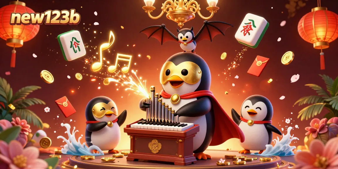 Experience the thrilling action at new123b with a vivid illustration of an exciting casino adventure featuring a penguin organist.