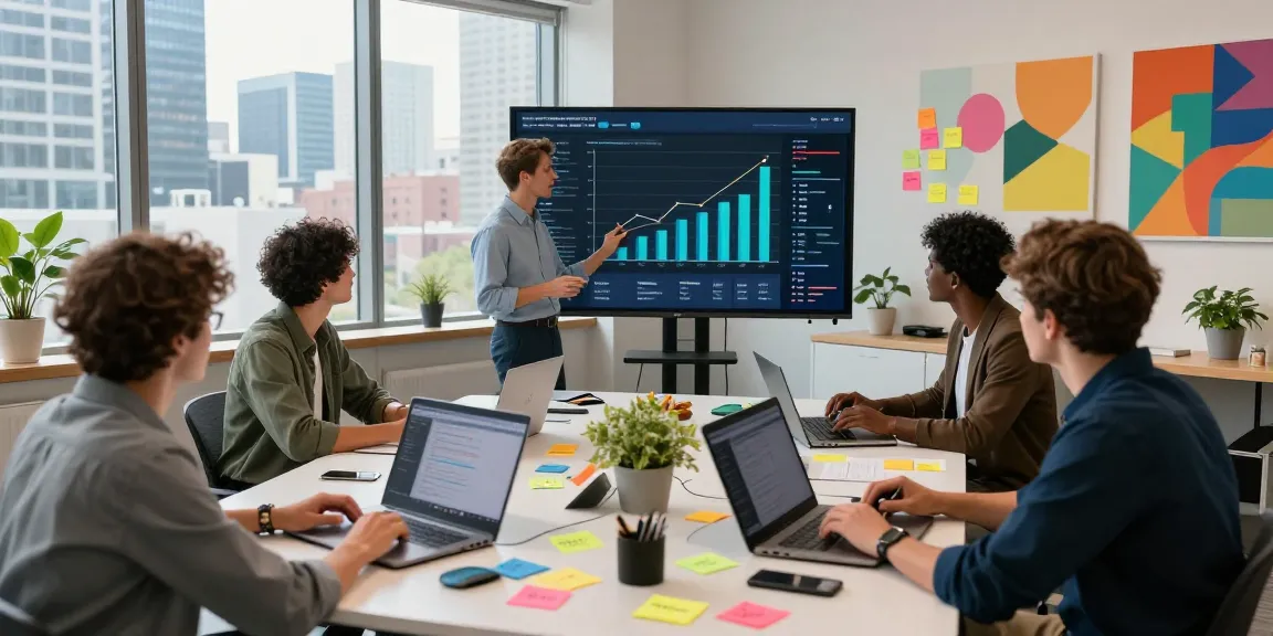 Team collaborating in a modern digital marketing workspace analyzing increasing performance metrics and strategies.