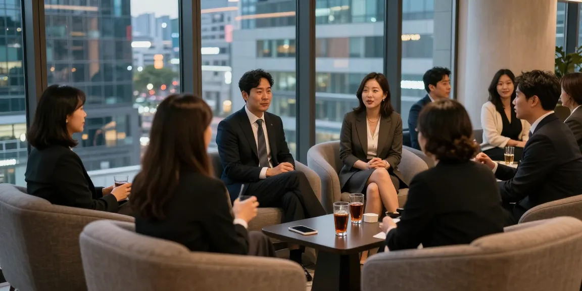 강남 멀리건에서의 편안한 소셜 모임, 세련된 복장의 사람들이 대화하고 있는 장면