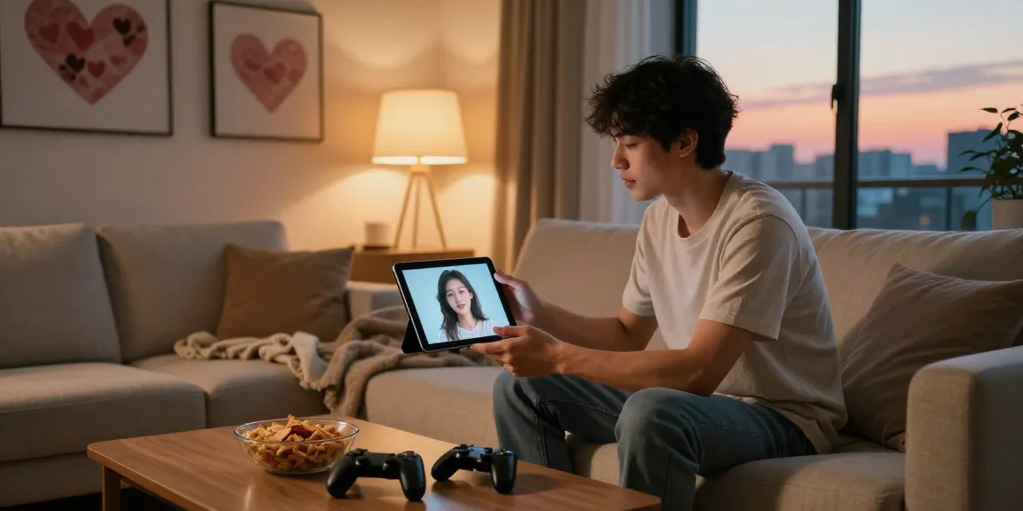 Engaging with an AI girlfriend in a cozy living room, showcasing romantic virtual interaction.