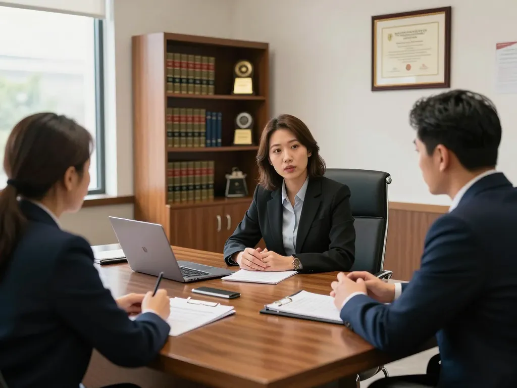 Engaged discussion between USA lawyers and client in professional law office setting.