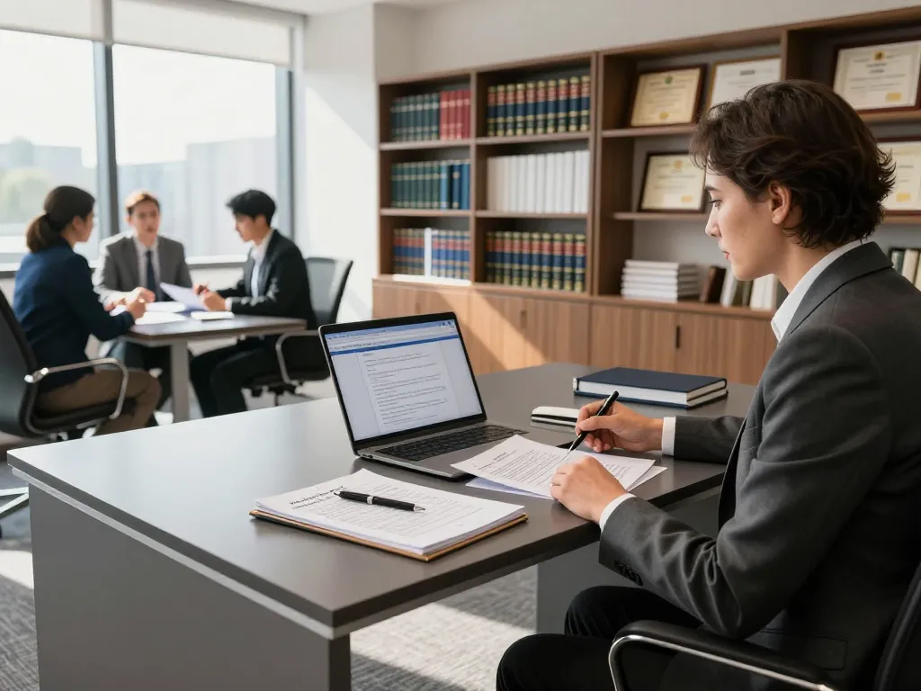 USA lawyers collaborating in a modern legal office setting, preparing for client consultations with professional materials.