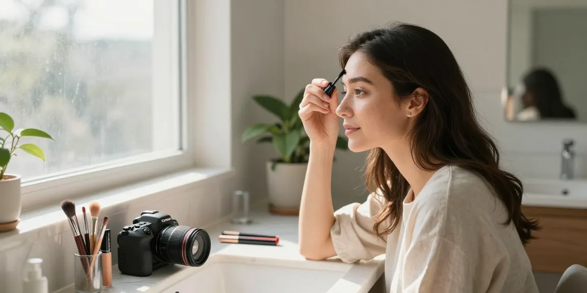 Using the Skone Cosmetics Brow Wand for a flawless brow look in a naturally lit bathroom.