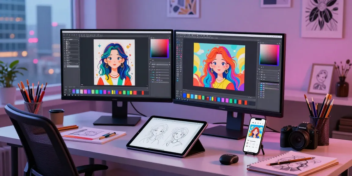 Designer using nano banana pro for AI image editing in a vibrant workspace.