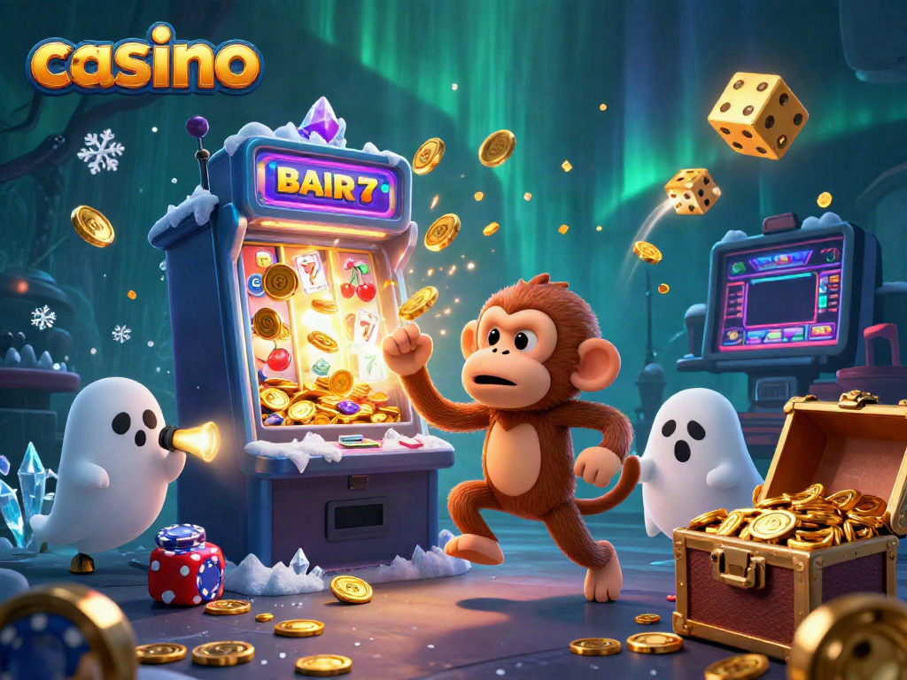 Play exciting casino games in a haunted casino scene with a mischievous monkey and a curious puppy.