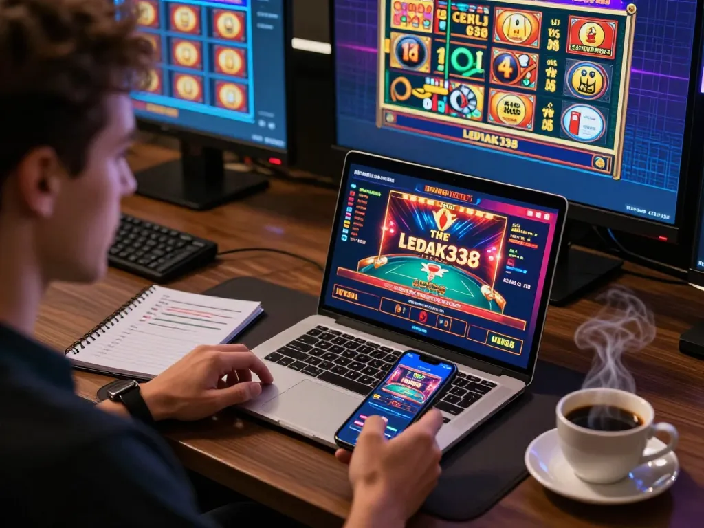 Player engaging with ledak338 online casino games on multiple screens in a cozy modern workspace.