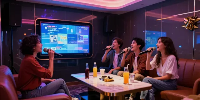 강남도파민에서 친구들과 즐거운 노래를 부르고 있는 모습의 현대적인 카라오케룸