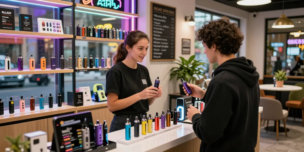 Customer exploring new 電子菸主機 in a modern vape shop with vibrant decor and knowledgeable staff.
