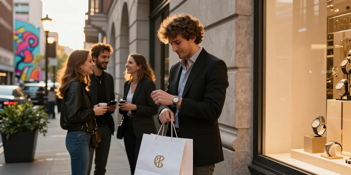 Fashionable individual showcasing a luxury replica watch while shopping in an urban setting.