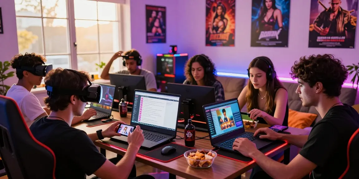 Group of friends enjoying various sex games in a lively gaming room.