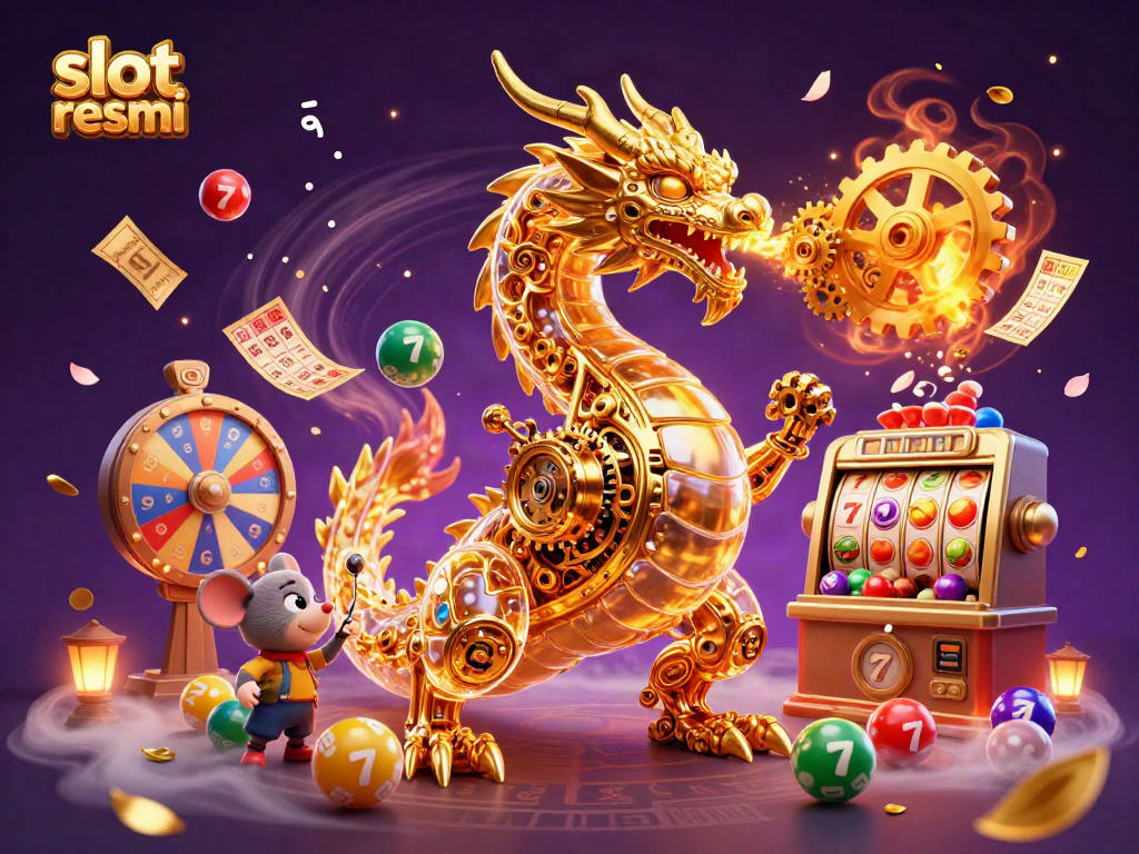 Engage in thrilling slot resmi with a stunning illustration featuring a golden dragon amidst vibrant gaming elements.