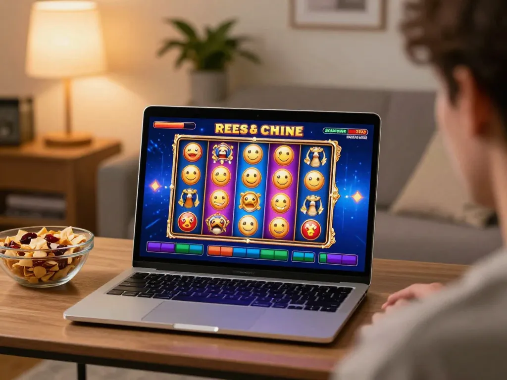 Player enjoying situs slot games on a laptop in a cozy living room, showcasing exciting gameplay.