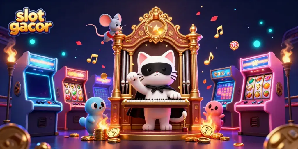 Experience the thrill of slot gacor with a whimsical casino scene featuring a masked cat and acrobat.