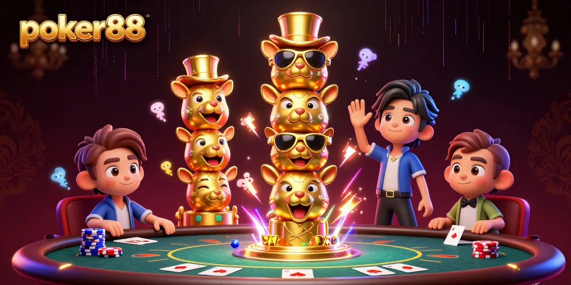 Embark on exciting poker88 online games, featuring a dynamic poker table, glowing neon elements, and vibrant characters.