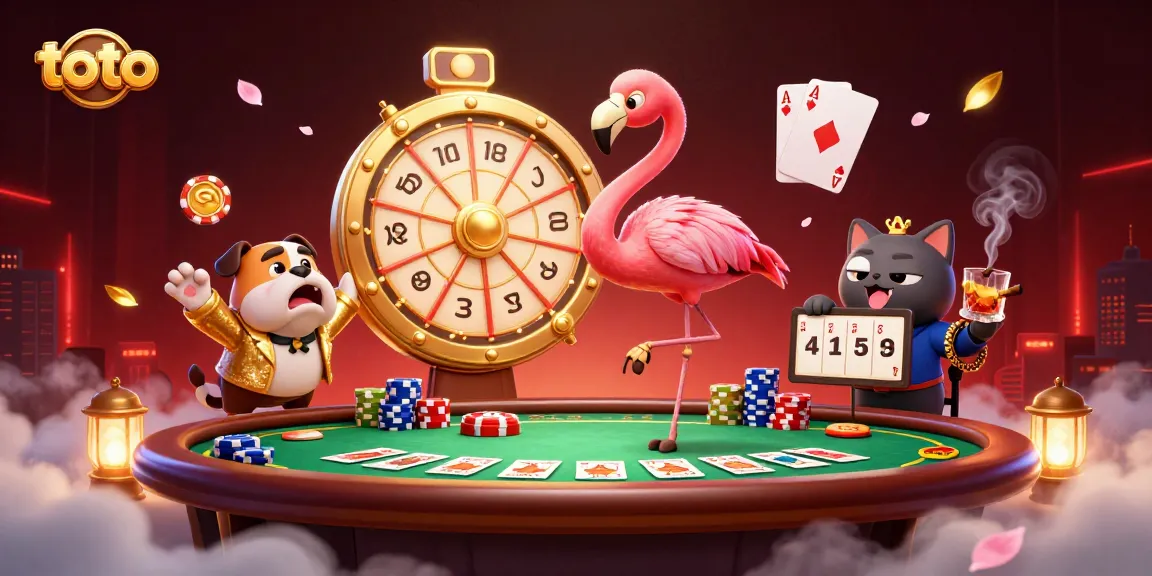 Permainan toto yang menarik dengan anjing bulldog ceria dan flamingo berbaju emas.