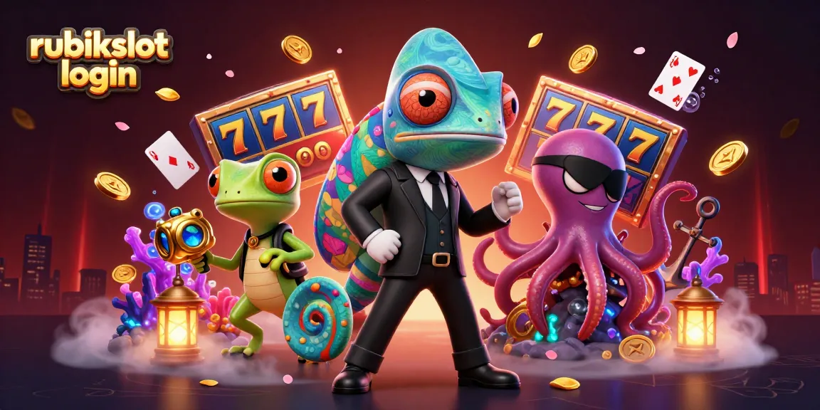 Engage in thrilling Rubikslot login experiences surrounded by vibrant slot reels and dynamic 3D characters.