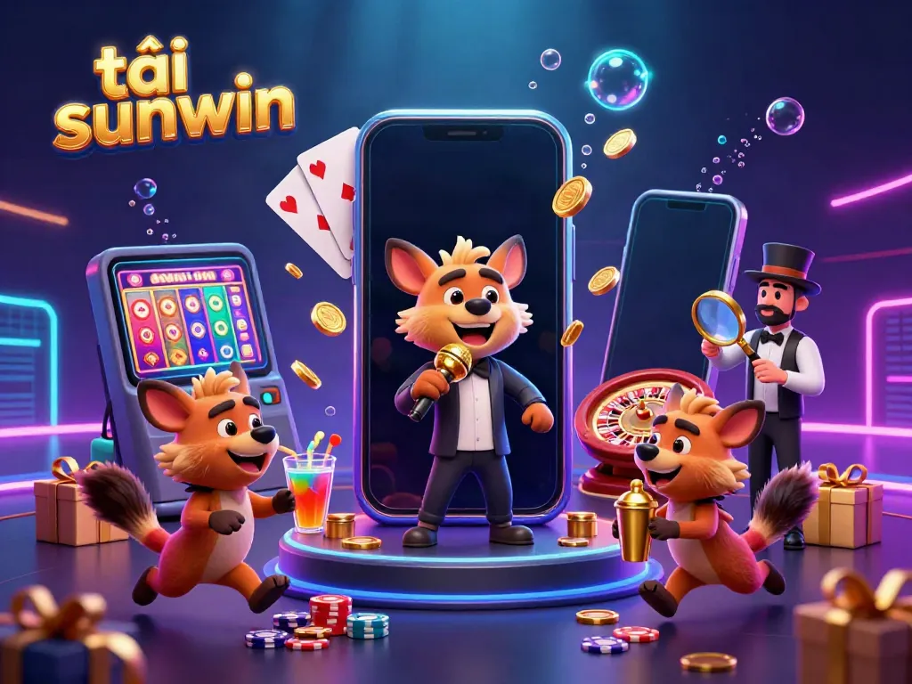 Experience the excitement of tải sunwin with a vibrant casino scene featuring hyenas as entertainers and game elements.