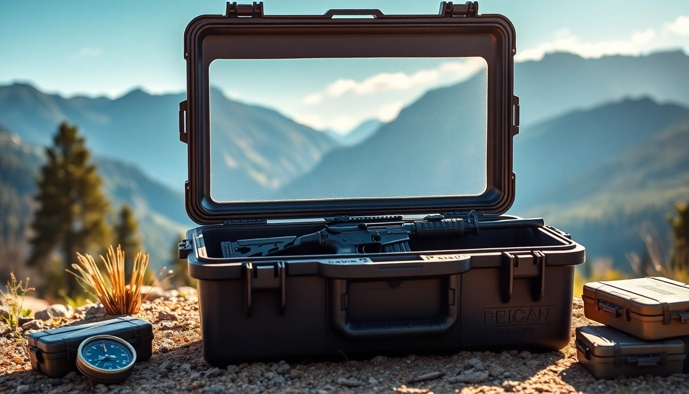 Pelican gun case for sale featuring an open design with a rifle inside, set in a natural outdoor setting.