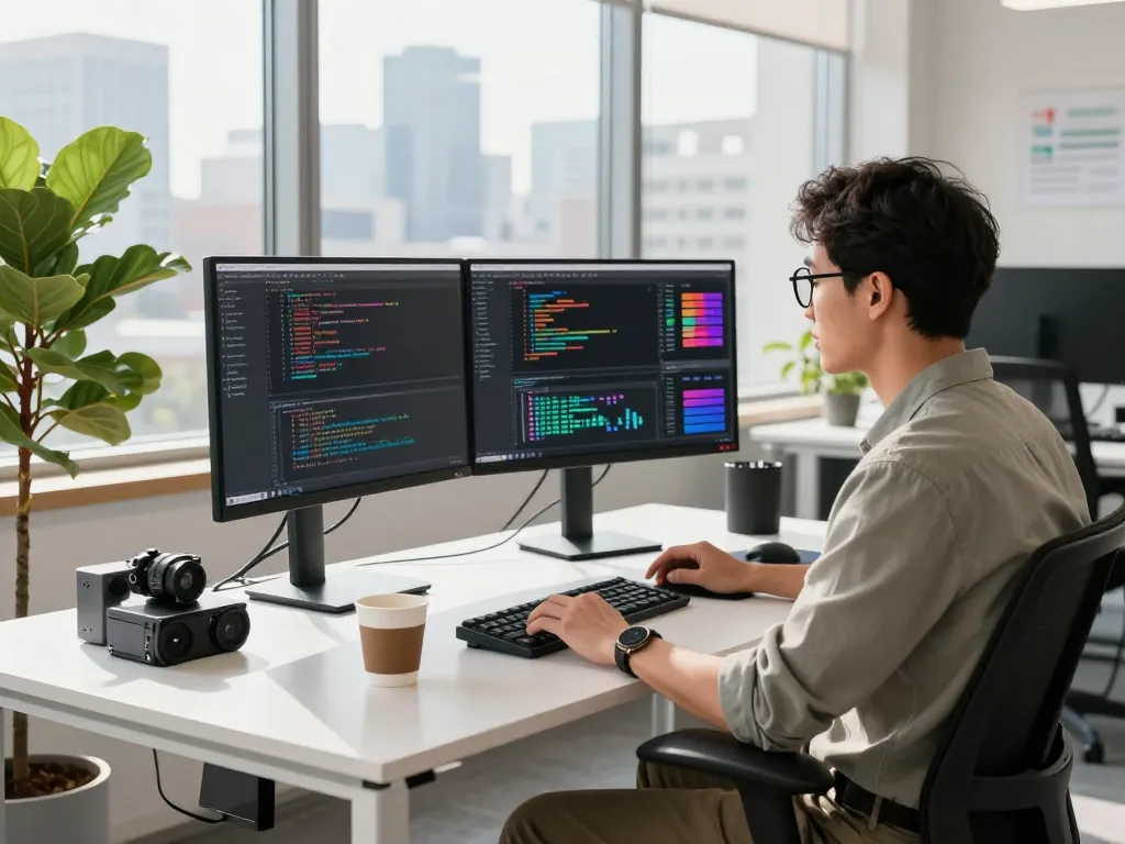 Developer coding with group buy SEO tools on dual monitors in a modern office.