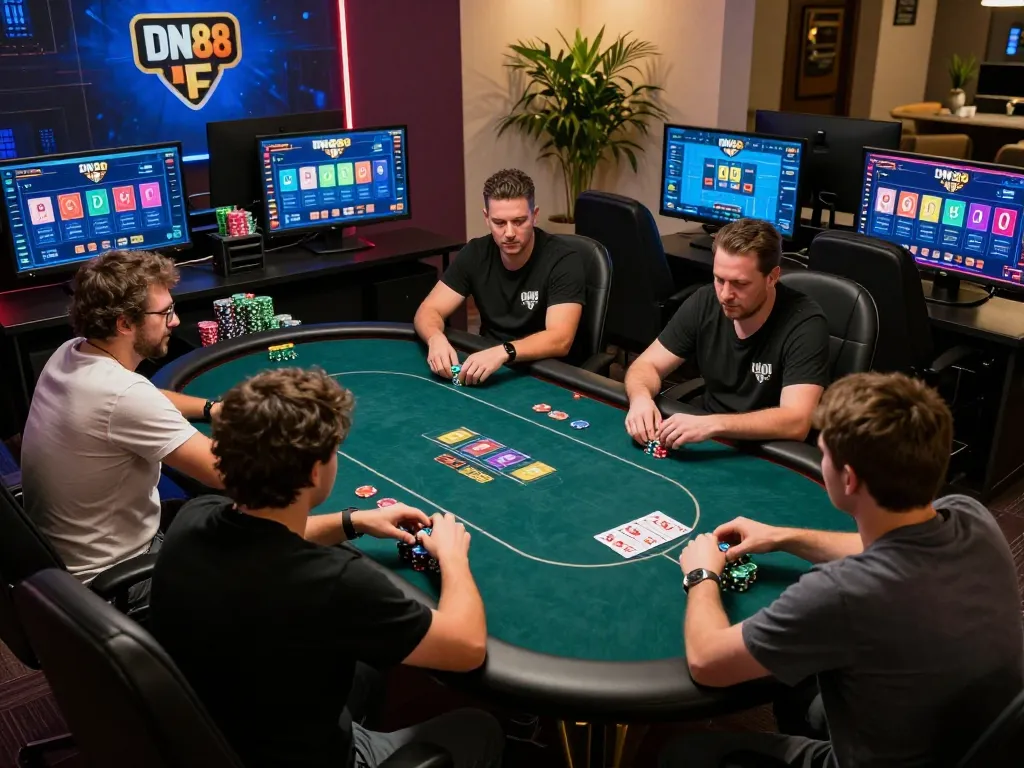 Dive into DN88's exciting online poker gameplay with players strategizing moves at a modern setup
