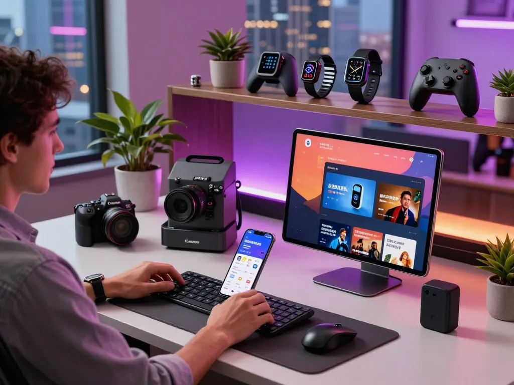 Engaging workstation displaying trending tech gadgets including Bluetooth devices and modern tech tools.