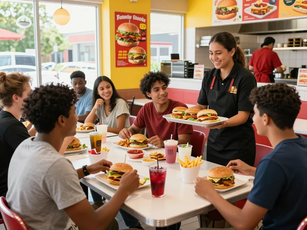 Friends enjoying a diverse fast food menu in a lively restaurant atmosphere.