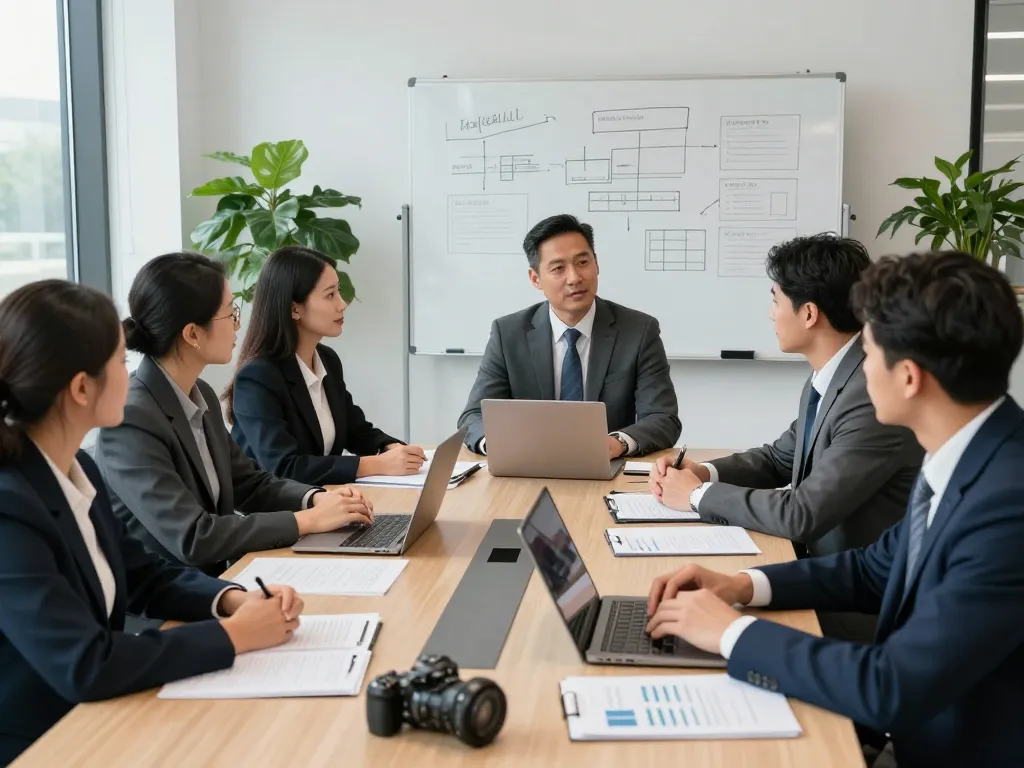 Team of American law attorneys collaborating in a modern office setting, showcasing professional legal consultation.