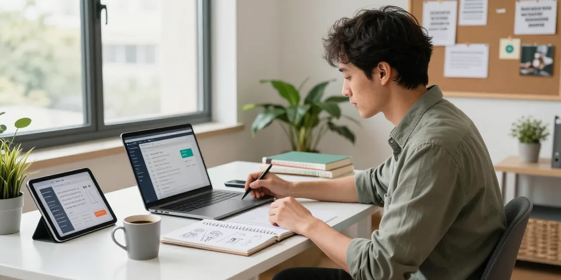 Self-employed professional working in a bright modern office space, laptop open and ideas displayed.
