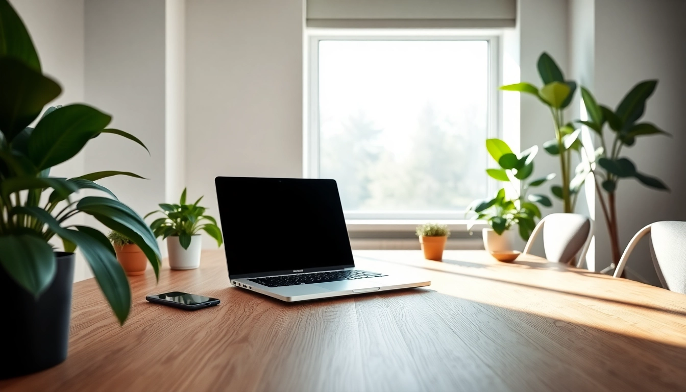 Optimale Arbeitsumgebung auf https://alvionz.de/ mit modernem Schreibtisch und Pflanzen.
