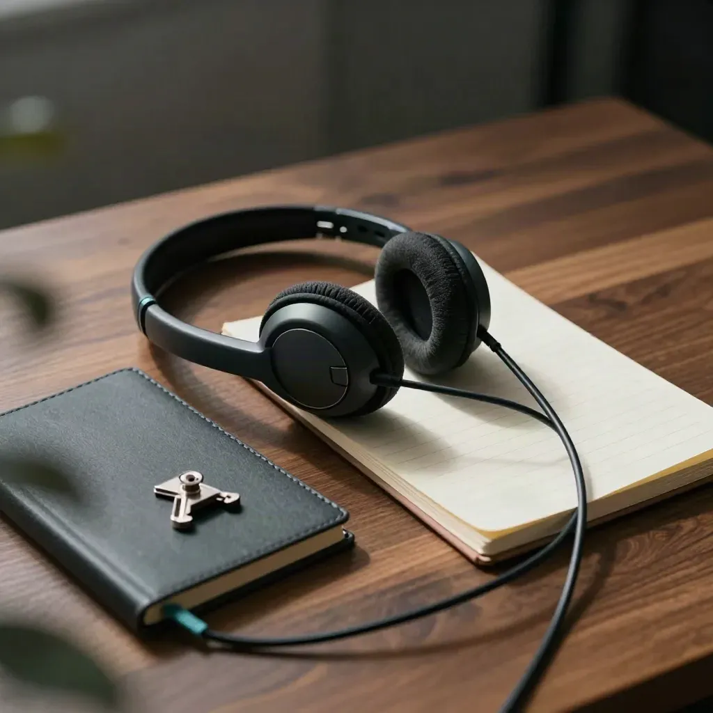 Headset, notebook, clip, and coiled cable on walnut in dramatic studio light