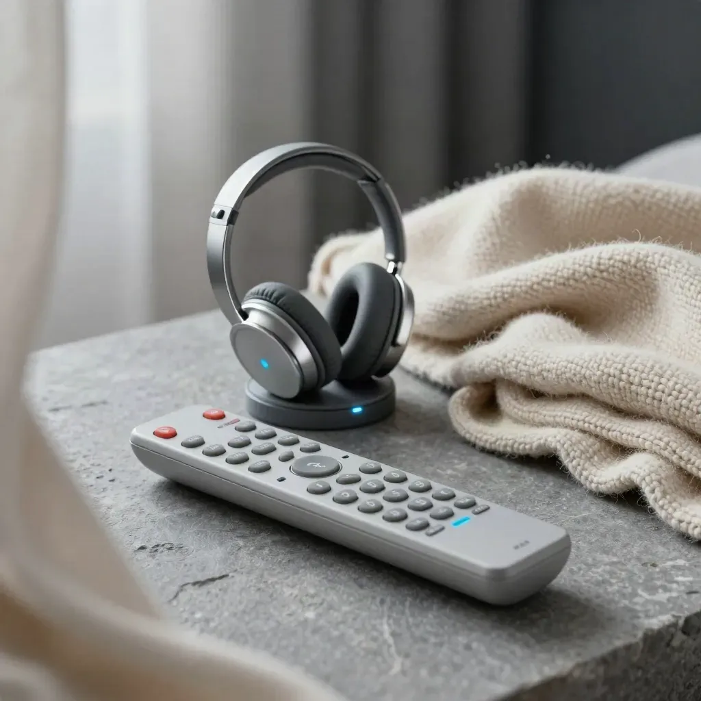 Extreme macro still life of remote, headset on charging stand, and folded blanket on stone