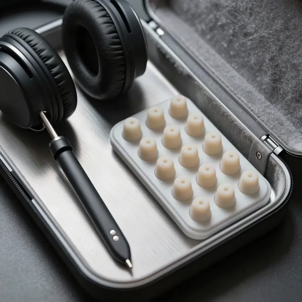Top-down closeup of audiology headphones, tuning fork, ear-tip tray and carry case on brushed steel.