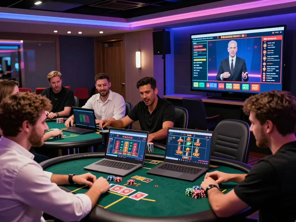 Players engaging with the MM88 online casino platform in a vibrant, modern gaming environment