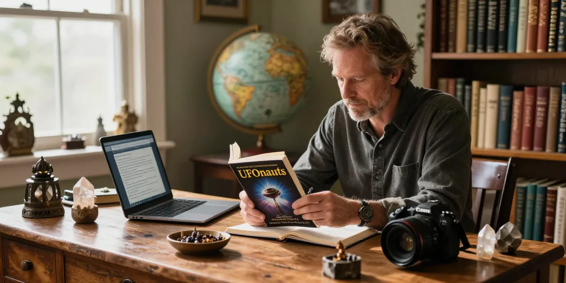 T Allen Greenfield writing at desk with UFOnauts book showcasing spiritual themes, explore https://tallengreenfield.com