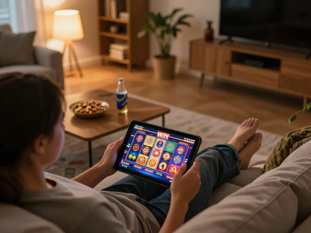 Players enjoying sun win games on a tablet in a cozy living room setting, showcasing online casino action.