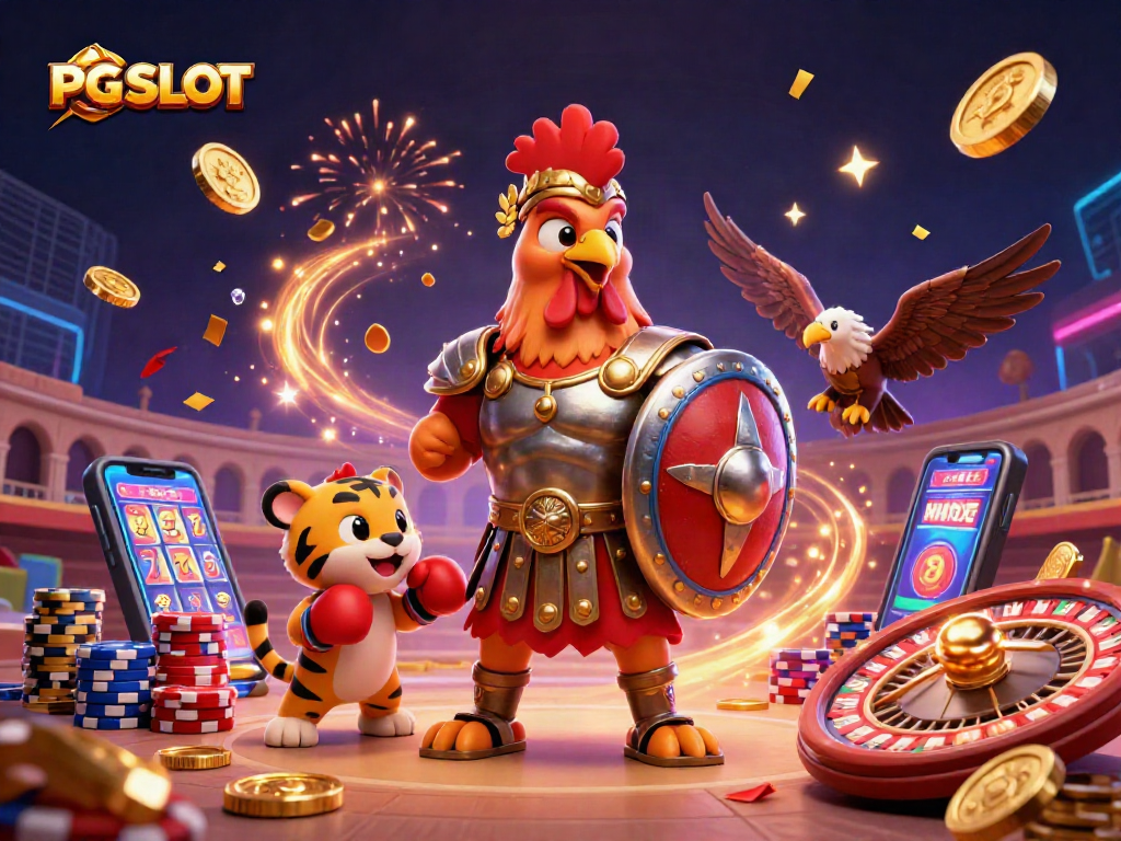 Engage with PG SLOT in a vibrant casino scene showcasing excitement through roaring coins and lucky symbols.