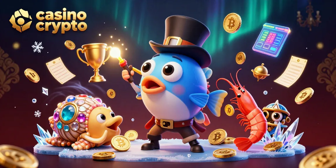 Jouez au casino crypto avec des pièces de Bitcoin et Ethereum, sous l’aquarium, illustrant un monde ludique.