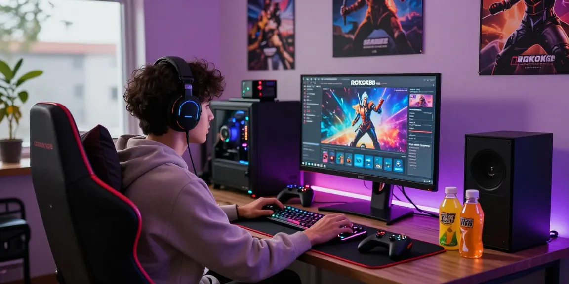 Gamer exploring rokok88 platform with vibrant gaming setup and stylish decor.