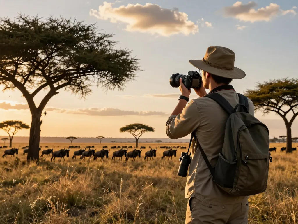 Traveler witnessing a stunning wildlife migration during Tanzania safari tours at Serengeti National Park.
