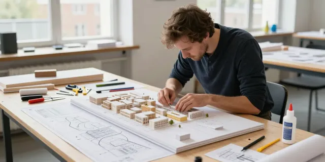 Architectural model maker Netherlands creating a detailed urban landscape scale model.