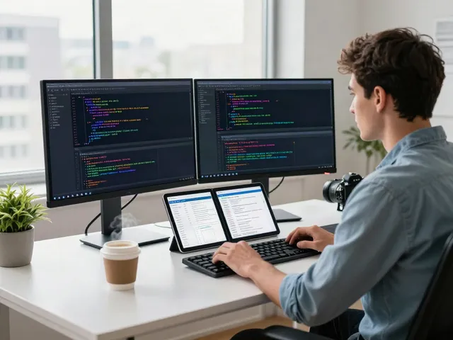 Developer using v2rayN software at a modern tech workspace