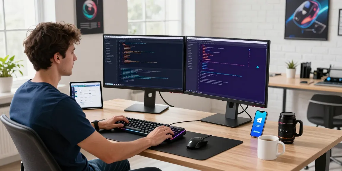 Developer creating a Telegram client application at a modern workspace, emphasizing the telegramin-cn.com experience.