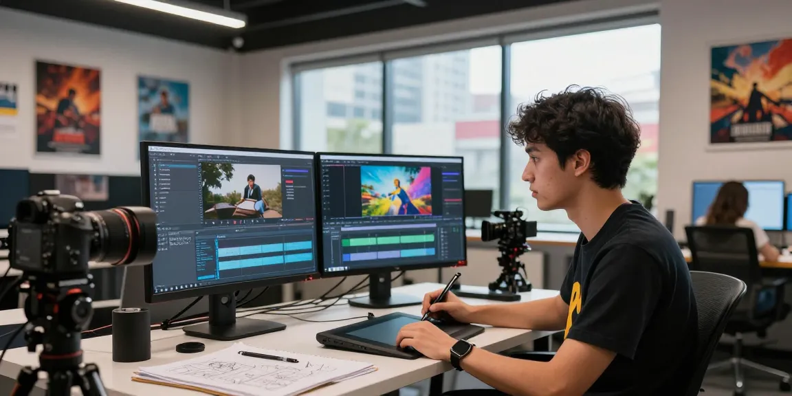 Creative professional generating ai video prompts in a modern editing studio.