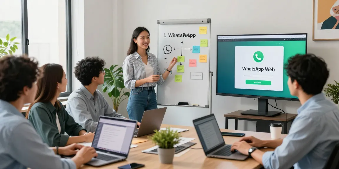 Engaging office scene illustrating WhatsApp網頁版 login steps with team collaboration.